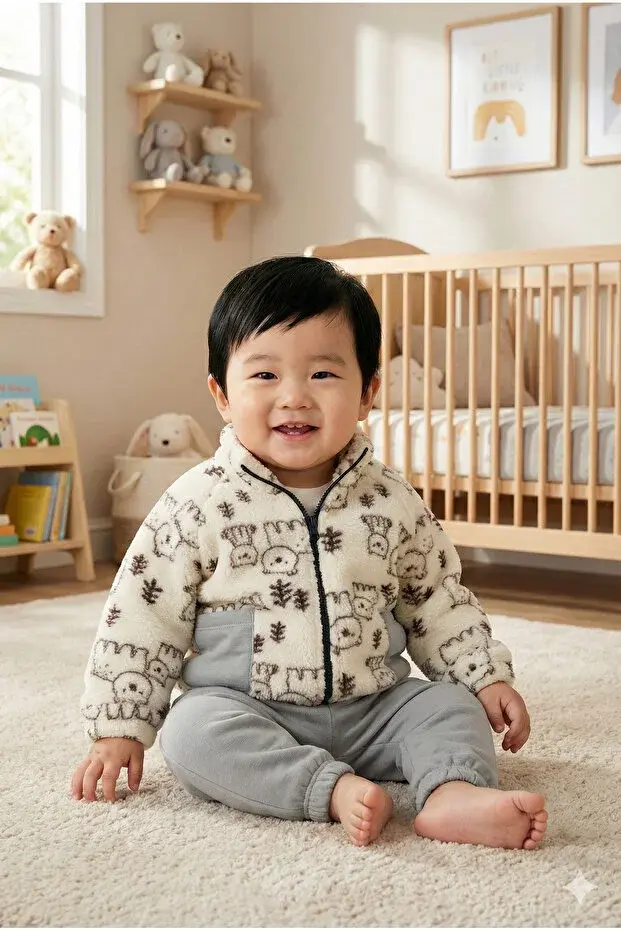 Erkek Çocuk Desenli Mont ve Pantolon 3'lü Takım (9-12-18 Ay) Seri - 1039-Gri