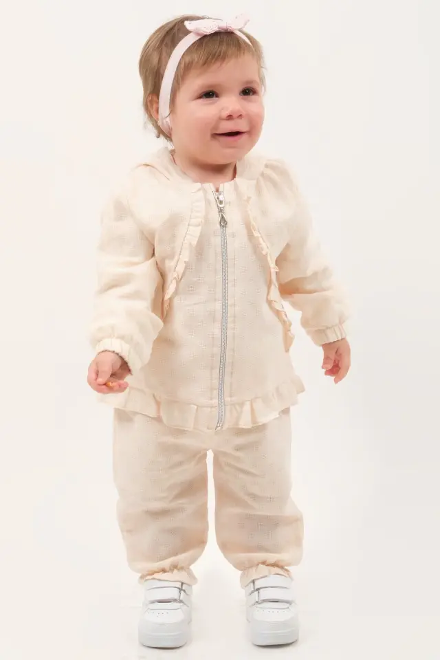 Kız Bebek Fermuarlı Ceket ve Pantolon Somon Pembe Takım (9-12-18 Ay) Seri - 1042-Somon Pembe