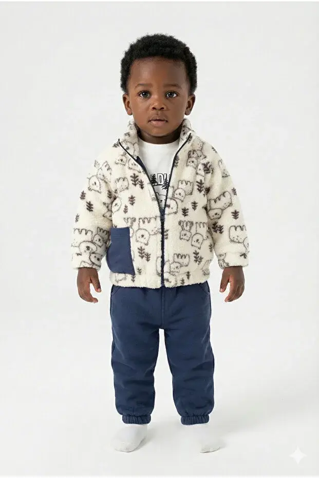 Erkek Çocuk Desenli Mont ve Pantolon 3'lü Takım (9-12-18 Ay) Seri - 1039-Lacivert