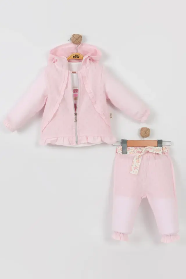 Kız Bebek Fermuarlı Ceket ve Pantolon Pudra Pembe Takım (9-12-18 Ay) Seri - 1042-Pudra Pembe