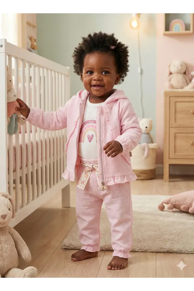 Kız Bebek Fermuarlı Ceket ve Pantolon Pudra Pembe Takım (9-12-18 Ay) Seri - 1042-Pudra Pembe