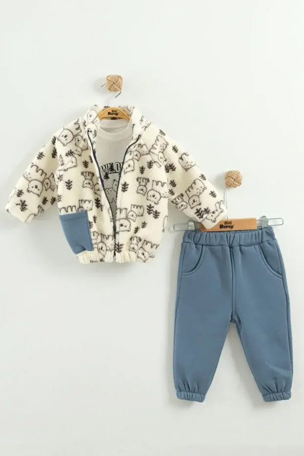 Erkek Çocuk Desenli Mont ve Pantolon 3'lü Takım (9-12-18 Ay) Seri - 1039-Mavi