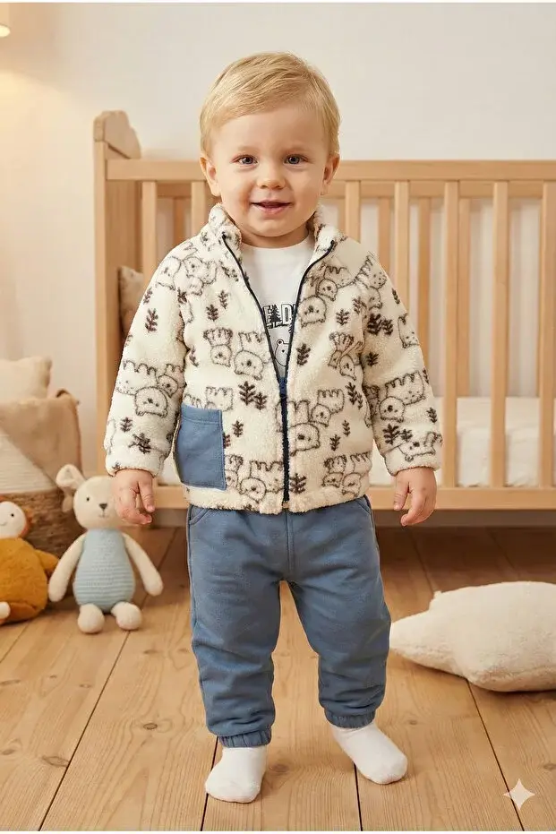 Erkek Çocuk Desenli Mont ve Pantolon 3'lü Takım (9-12-18 Ay) Seri - 1039-Mavi