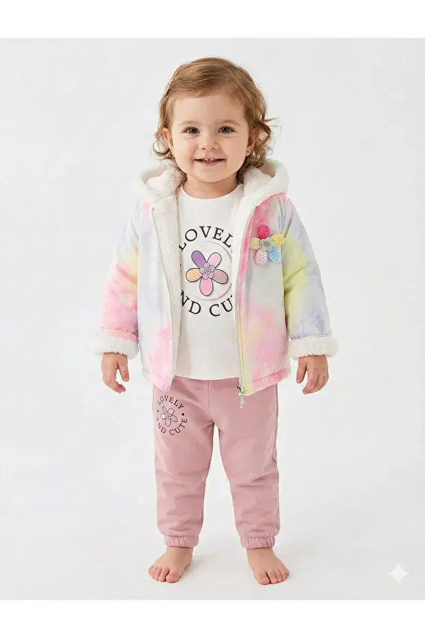 Kız Bebek Baskılı Sweatshirt, Pantolon ve Ceket 3'lü Takım (9-12-18 Ay) Seri - 1018-Gülkurusu