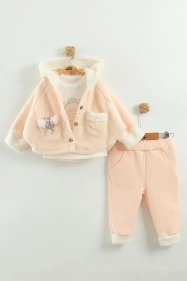 Kız Bebek Kurdele Cep Detaylı Kapüşonlu Peluş 3'lü Pudra Pembe Eşofman Takım (9-12-18 Ay)Seri - 962-Pudra Pembe
