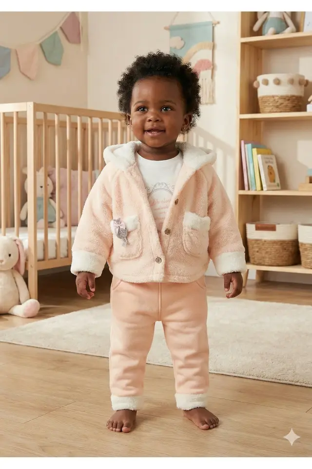 Kız Bebek Kurdele Cep Detaylı Kapüşonlu Peluş 3'lü Pudra Pembe Eşofman Takım (9-12-18 Ay)Seri - 962-Pudra Pembe