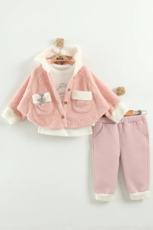 Kız Bebek Kurdele Cep Detaylı Kapüşonlu Peluş 3'lü Somon Pembe Eşofman Takım (9-12-18 Ay)Seri - 962-Somon Pembe