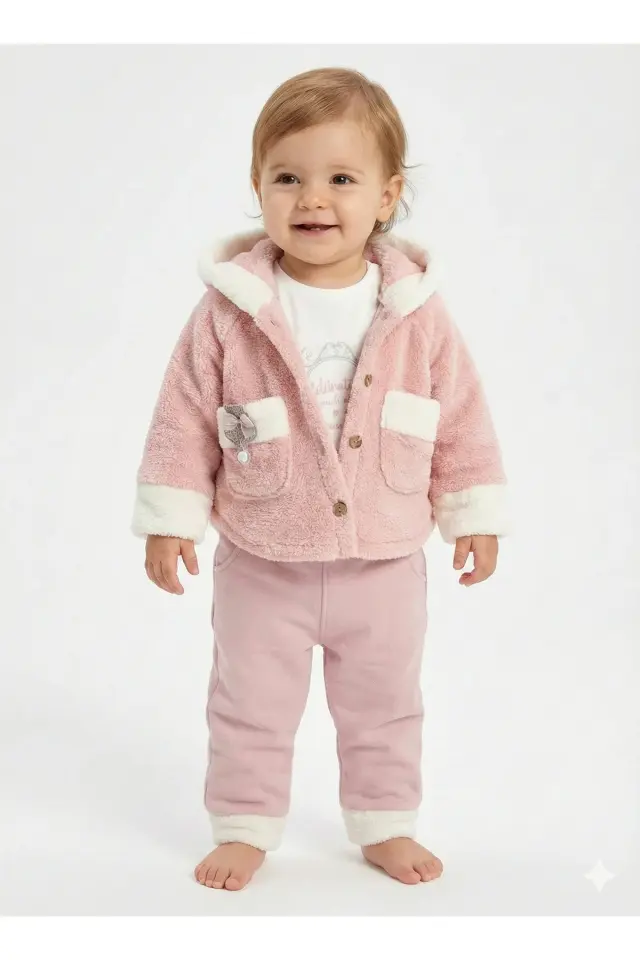 Kız Bebek Kurdele Cep Detaylı Kapüşonlu Peluş 3'lü Somon Pembe Eşofman Takım (9-12-18 Ay)Seri - 962-Somon Pembe
