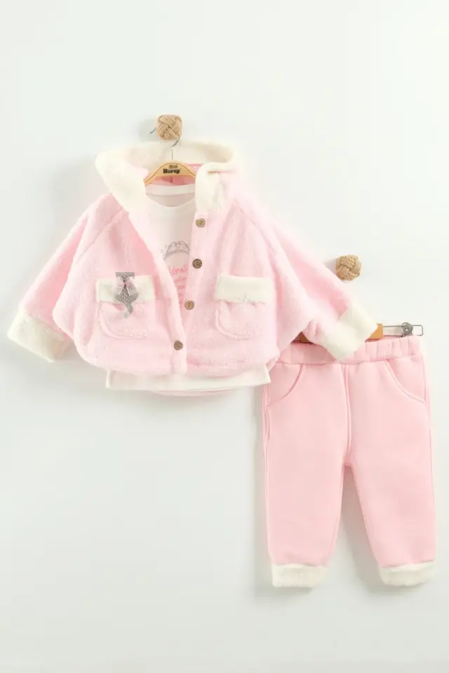 Kız Bebek Kurdele Cep Detaylı Kapüşonlu Peluş 3'lü Pembe Eşofman Takım (9-12-18 Ay)Seri - 962-Pembe