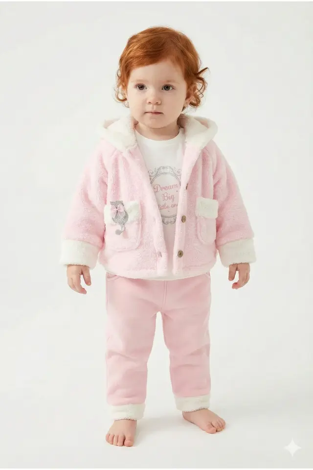 Kız Bebek Kurdele Cep Detaylı Kapüşonlu Peluş 3'lü Pembe Eşofman Takım (9-12-18 Ay)Seri - 962-Pembe