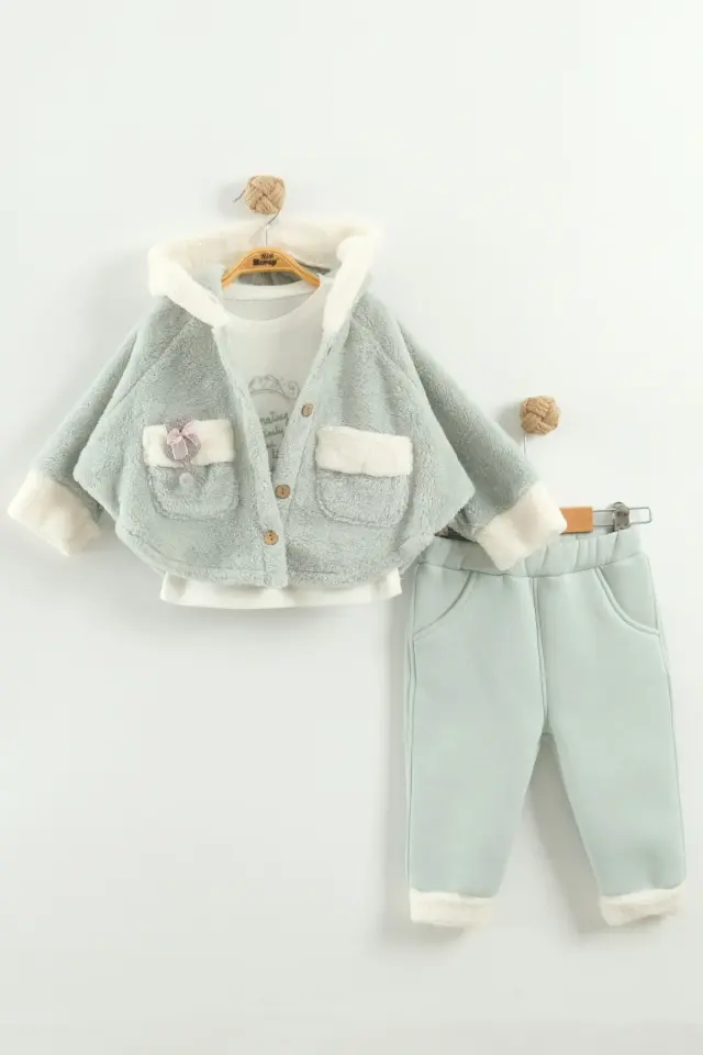 Kız Bebek Kurdele Cep Detaylı Kapüşonlu Peluş 3'lü Yeşil Eşofman Takım (9-12-18 Ay)Seri - 962-Yeşil