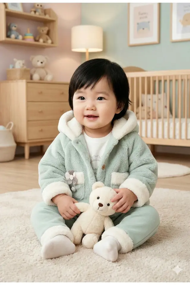 Kız Bebek Kurdele Cep Detaylı Kapüşonlu Peluş 3'lü Yeşil Eşofman Takım (9-12-18 Ay)Seri - 962-Yeşil