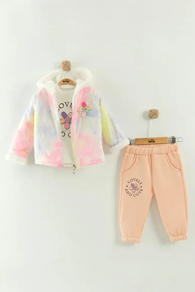 Kız Bebek Baskılı Sweatshirt, Pantolon ve Ceket 3'lü Takım (9-12-18 Ay) Seri - 1018-Pudra Pembe