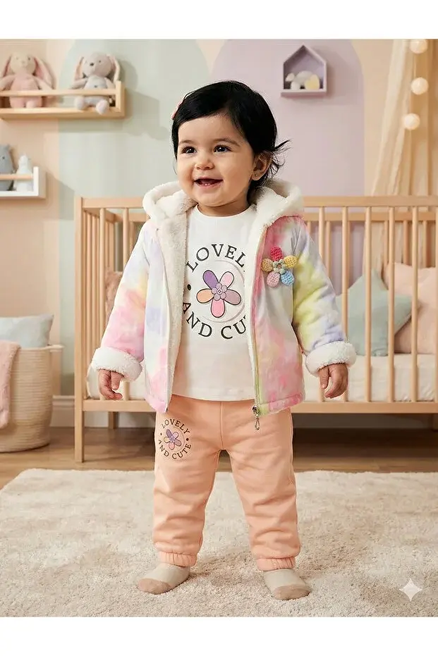 Kız Bebek Baskılı Sweatshirt, Pantolon ve Ceket 3'lü Takım (9-12-18 Ay) Seri - 1018-Pudra Pembe