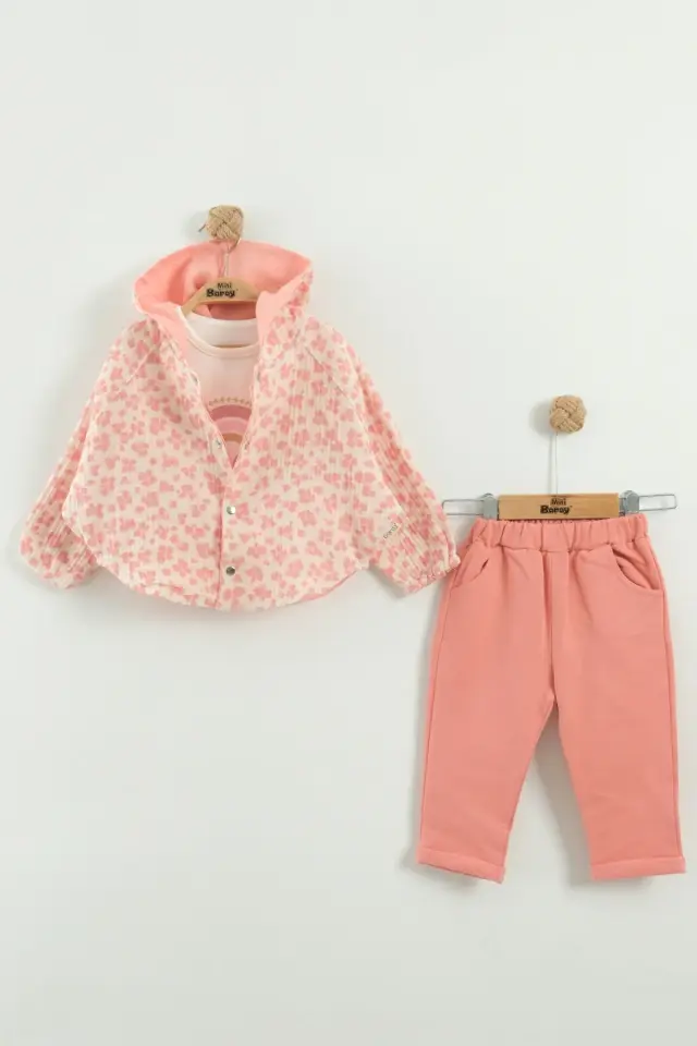 Kız Bebek Kapüşonlu ve Pantolon Pembe 3'lü Takım (9-12-18-24 Ay) Seri - 1081-Pembe