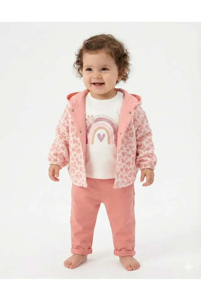 Kız Bebek Kapüşonlu ve Pantolon Pembe 3'lü Takım (9-12-18-24 Ay) Seri - 1081-Pembe