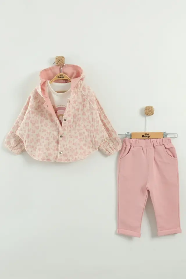 Kız Bebek Kapüşonlu ve Pantolon Somon Pembe 3'lü Takım (9-12-18-24 Ay) Seri - 1081-Somon Pembe