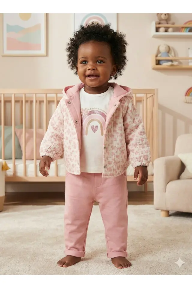 Kız Bebek Kapüşonlu ve Pantolon Somon Pembe 3'lü Takım (9-12-18-24 Ay) Seri - 1081-Somon Pembe