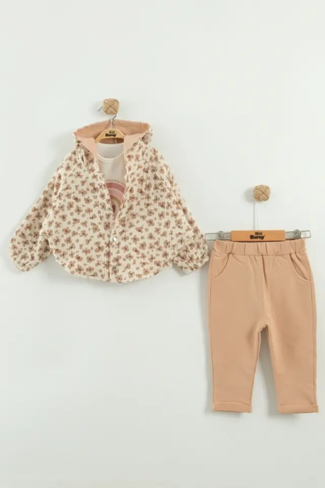 Kız Bebek Kapüşonlu ve Pantolon Bej 3'lü Takım (9-12-18-24 Ay) Seri - 1081-Bej