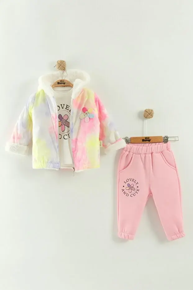 Kız Bebek Baskılı Sweatshirt, Pantolon ve Ceket 3'lü Takım (9-12-18 Ay) Seri - 1018-Pembe