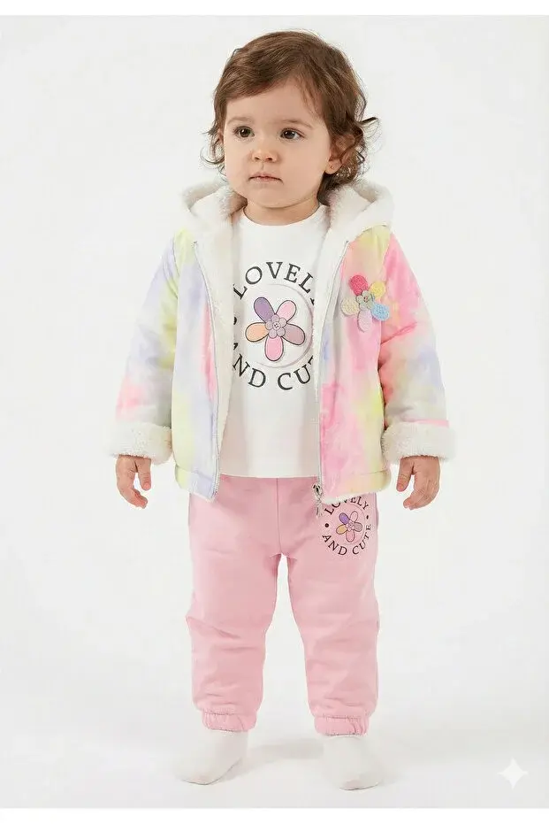 Kız Bebek Baskılı Sweatshirt, Pantolon ve Ceket 3'lü Takım (9-12-18 Ay) Seri - 1018-Pembe