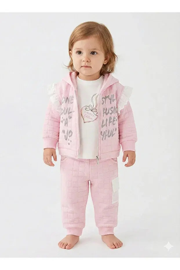 Kız Bebek Baskılı Pamuk Sweatshirt, Pantolon ve Ceket 3'lü Takım (9-12-18 Ay) Seri - 1020-Pembe