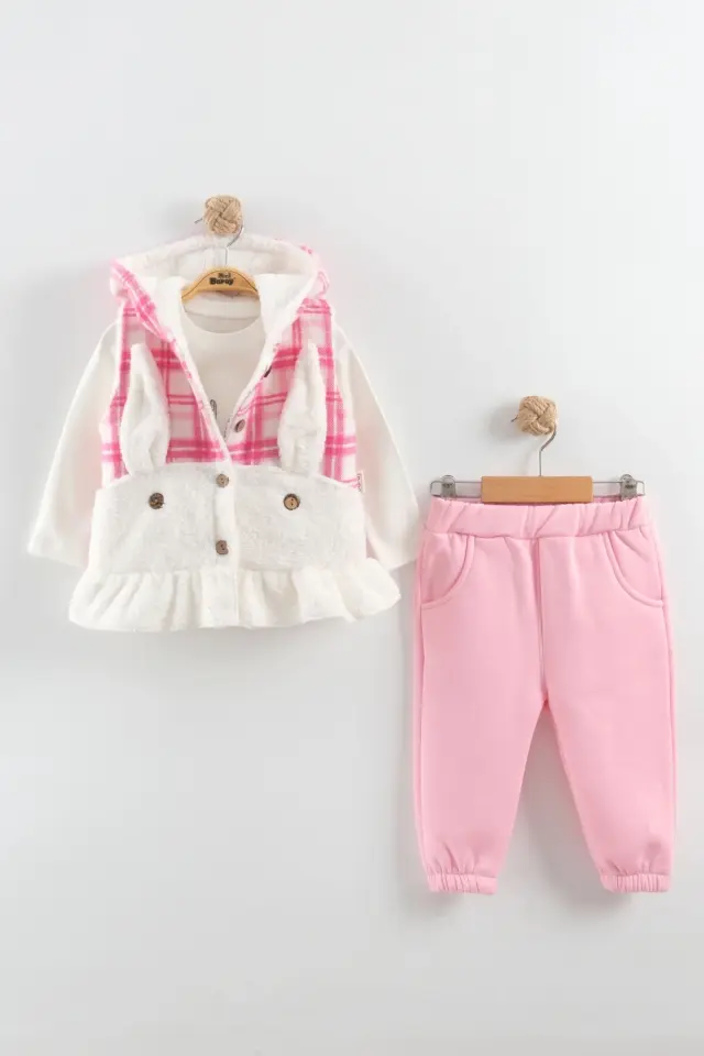 Kız Bebek Düğmeli Peluş Eşofman Pembe 3'lü Takım (9-12-18 Ay) Seri - 1088-Pembe