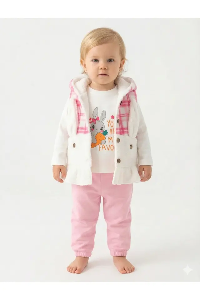 Kız Bebek Düğmeli Peluş Eşofman Pembe 3'lü Takım (9-12-18 Ay) Seri - 1088-Pembe