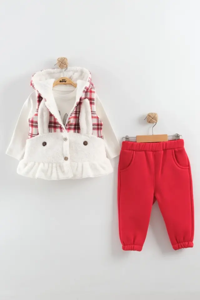 Kız Bebek Düğmeli Peluş Eşofman Kırmızı 3'lü Takım (9-12-18 Ay) Seri - 1088-Kırmızı