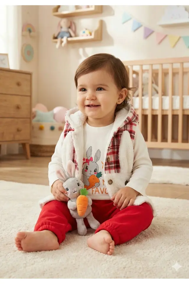 Kız Bebek Düğmeli Peluş Eşofman Kırmızı 3'lü Takım (9-12-18 Ay) Seri - 1088-Kırmızı