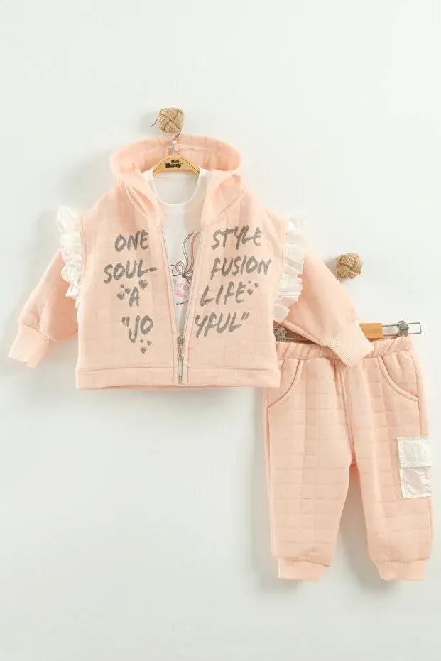 Kız Bebek Baskılı Pamuk Sweatshirt, Pantolon ve Ceket 3'lü Takım (9-12-18 Ay) Seri - 1020-Somon Pembe