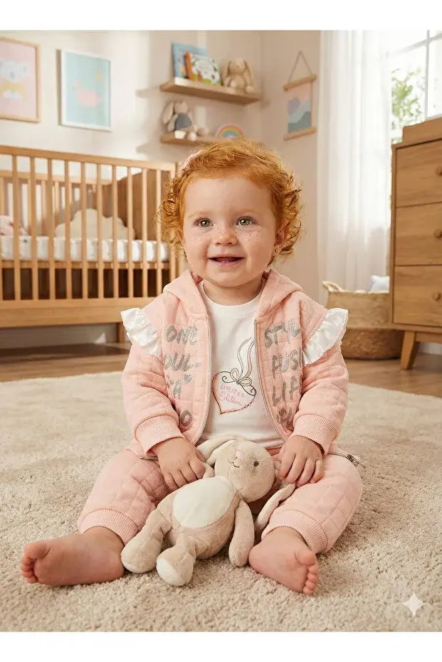 Kız Bebek Baskılı Pamuk Sweatshirt, Pantolon ve Ceket 3'lü Takım (9-12-18 Ay) Seri - 1020-Somon Pembe