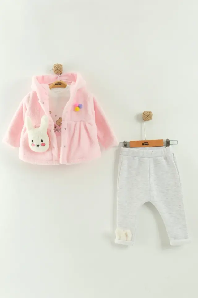 Kız Bebek Kapüşonlu, Pantolon ve Peluş Pembe Mont 3’lü Takım (6-9-12 Ay) Seri - 762-Pembe