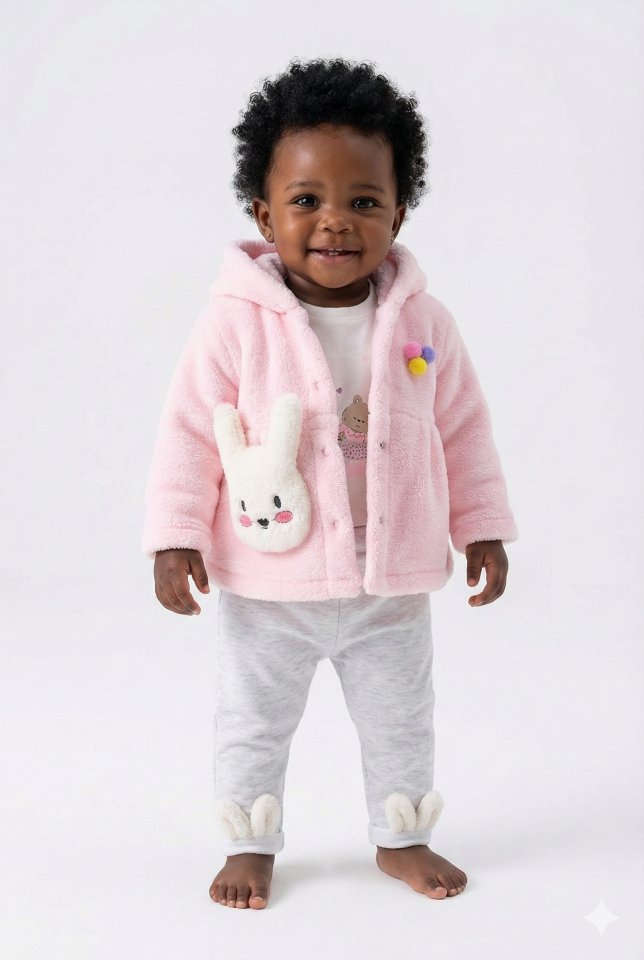 Kız Bebek Kapüşonlu, Pantolon ve Peluş Pembe Mont 3’lü Takım (6-9-12 Ay) Seri - 762-Pembe