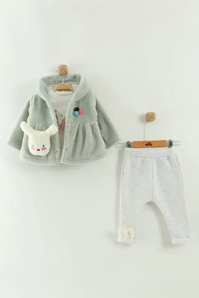 Kız Bebek Kapüşonlu, Pantolon ve Peluş Yeşil Mont 3’lü Takım (6-9-12 Ay) Seri - 762-Yeşil