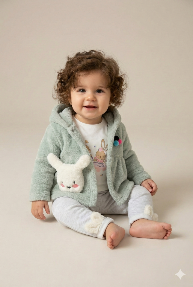 Kız Bebek Kapüşonlu, Pantolon ve Peluş Yeşil Mont 3’lü Takım (6-9-12 Ay) Seri - 762-Yeşil