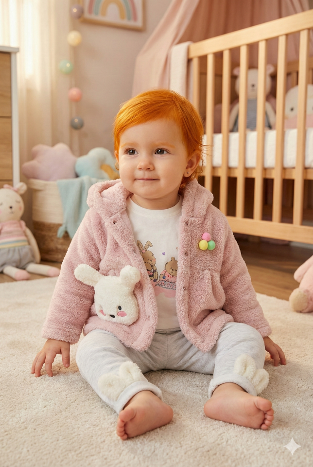 Kız Bebek Kapüşonlu, Pantolon ve Peluş Somon Pembe Mont 3’lü Takım (6-9-12 Ay) Seri - 762-Somon Pembe