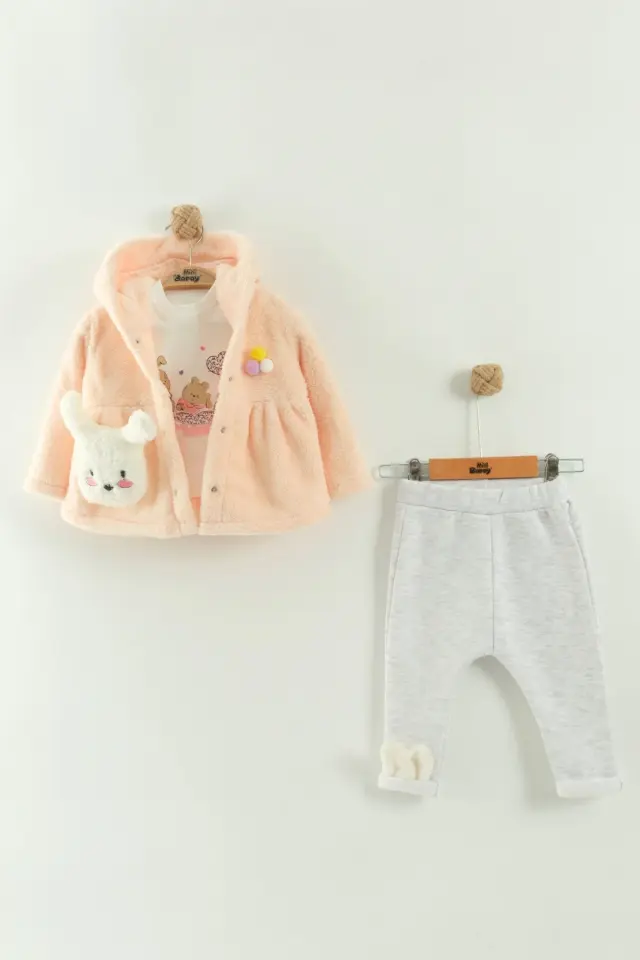 Kız Bebek Kapüşonlu, Pantolon ve Peluş Pudra Pembe Mont 3’lü Takım (6-9-12 Ay) Seri - 762-Pudra Pembe