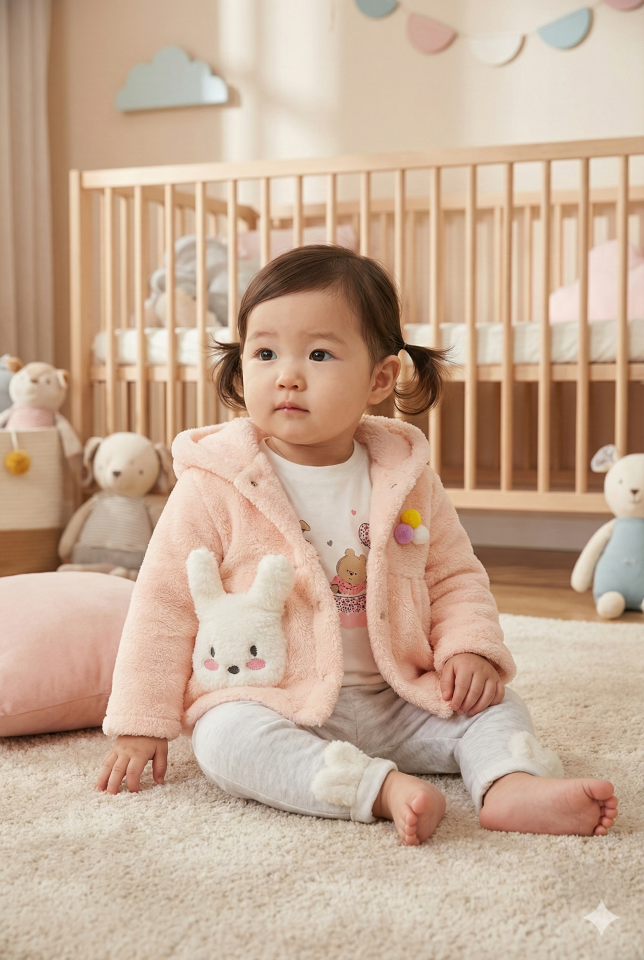 Kız Bebek Kapüşonlu, Pantolon ve Peluş Pudra Pembe Mont 3’lü Takım (6-9-12 Ay) Seri - 762-Pudra Pembe