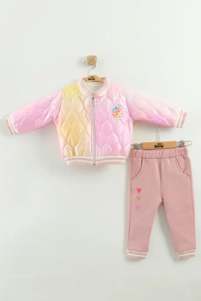 Kız Bebek Baskılı 3'lü Gülkurusu Pembe Eşofman Takımı (Sweatshirt, Pantolon, Ceket) (9-12-18 Ay) Seri - 1016-Gülkurusu Pembe