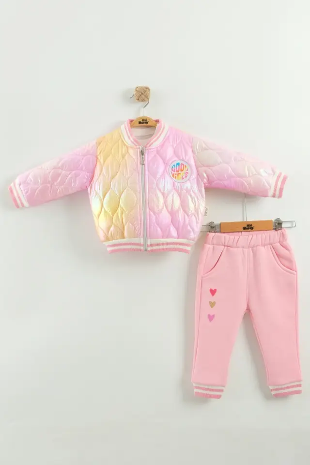 Kız Bebek Baskılı 3'lü Pembe Eşofman Takımı (Sweatshirt, Pantolon, Ceket) (9-12-18 Ay) Seri - 1016-Pembe