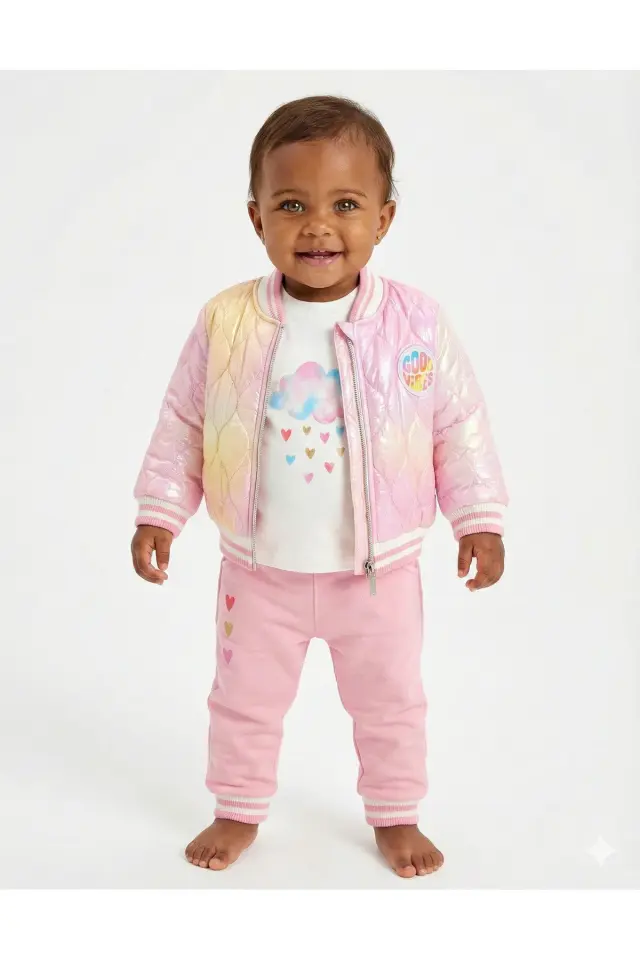 Kız Bebek Baskılı 3'lü Pembe Eşofman Takımı (Sweatshirt, Pantolon, Ceket) (9-12-18 Ay) Seri - 1016-Pembe