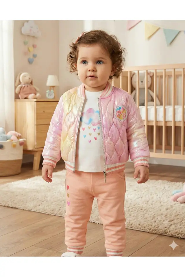 Kız Bebek Baskılı 3'lü Somon Pembe Eşofman Takımı (Sweatshirt, Pantolon, Ceket) (9-12-18 Ay) Seri - 1016-Somon Pembe