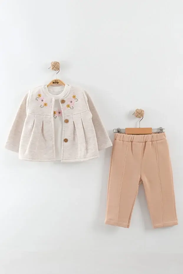Kız Bebek Çiçek Nakış 3'lü Takım (9-12-18 Ay)  Seri - 1092-Bej