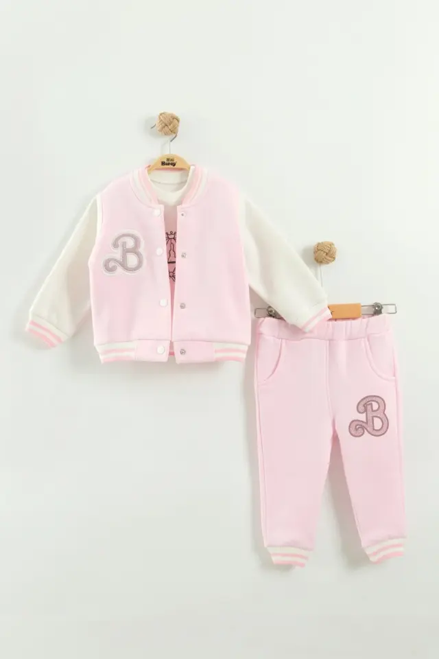Kız Çocuk Kolej Ceketli Pembe 3'lü Takım (9-12-18 Ay) Seri - 1034-Pembe