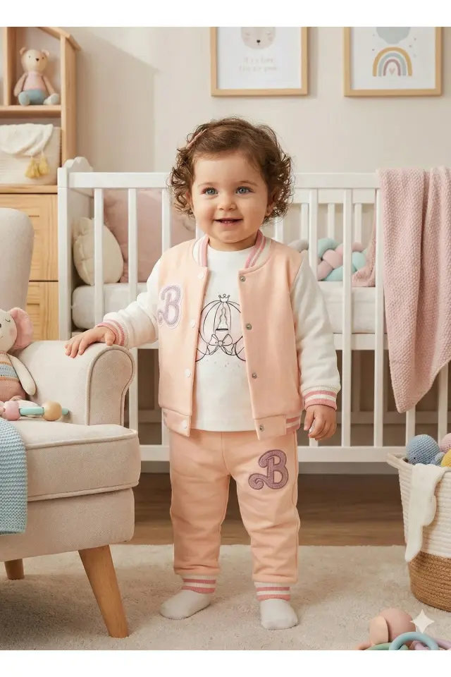 Kız Çocuk Kolej Ceketli Somon Pembe 3'lü Takım (9-12-18 Ay) Seri - 1034-Somon Pembe