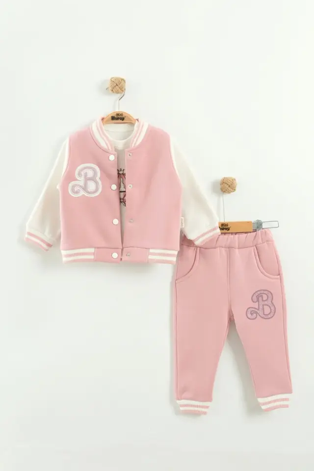 Kız Çocuk Kolej Ceketli Gülkurusu Pembe 3'lü Takım (9-12-18 Ay) Seri - 1034-Gülkurusu Pembe