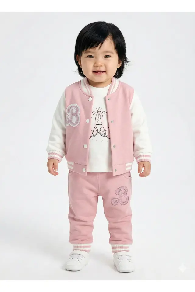 Kız Çocuk Kolej Ceketli Gülkurusu Pembe 3'lü Takım (9-12-18 Ay) Seri - 1034-Gülkurusu Pembe