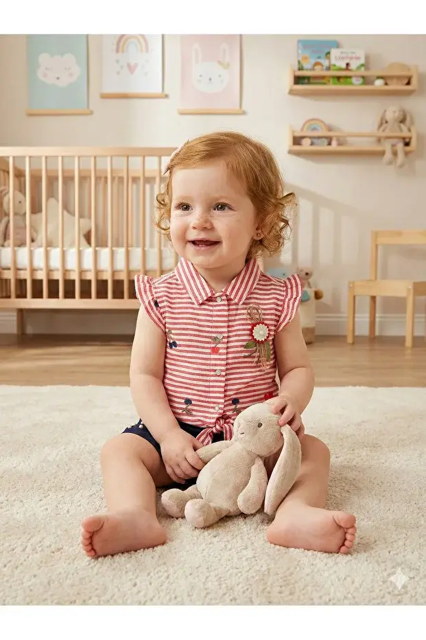 Kız Bebek Çizgili Bluz ve Şort Takımı (9-12-18 Ay) Seri - 802-Somon Pembe