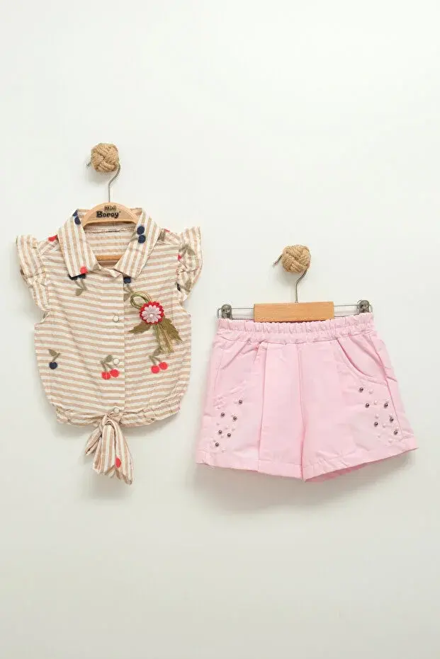 Kız Bebek Çizgili Bluz ve Şort Takımı (9-12-18 Ay) Seri - 802-Bej